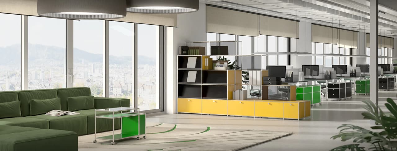 Photorealistic office render of a bright open-plan corporate workspace, featuring a yellow and black modular furniture unit acting as a smart room divider behind a green lounge sofa.