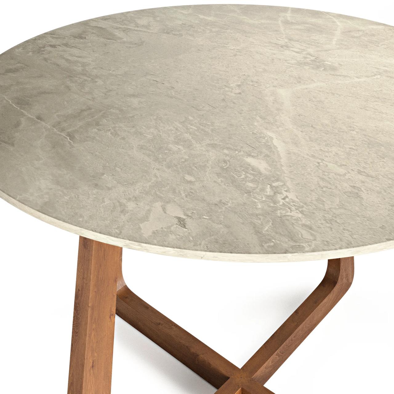 Close-up studio render highlighting the smooth stone tabletop and wooden base of a round dining table