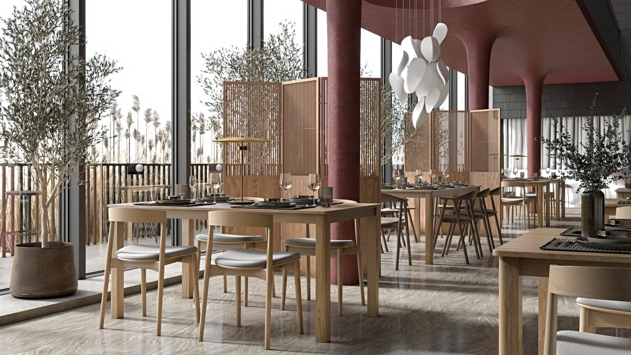 Wide angle view of a dining space with large windows, burgundy pillars, and a unique white paper chandelier, centered around beautifully crafted 3d tables.