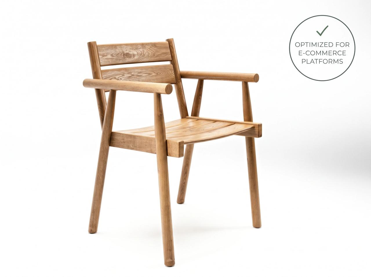 Modern natural oak armchair with slatted seat and backrest, featured on a clean white background with "optimazed for e-commerce platforms" badge