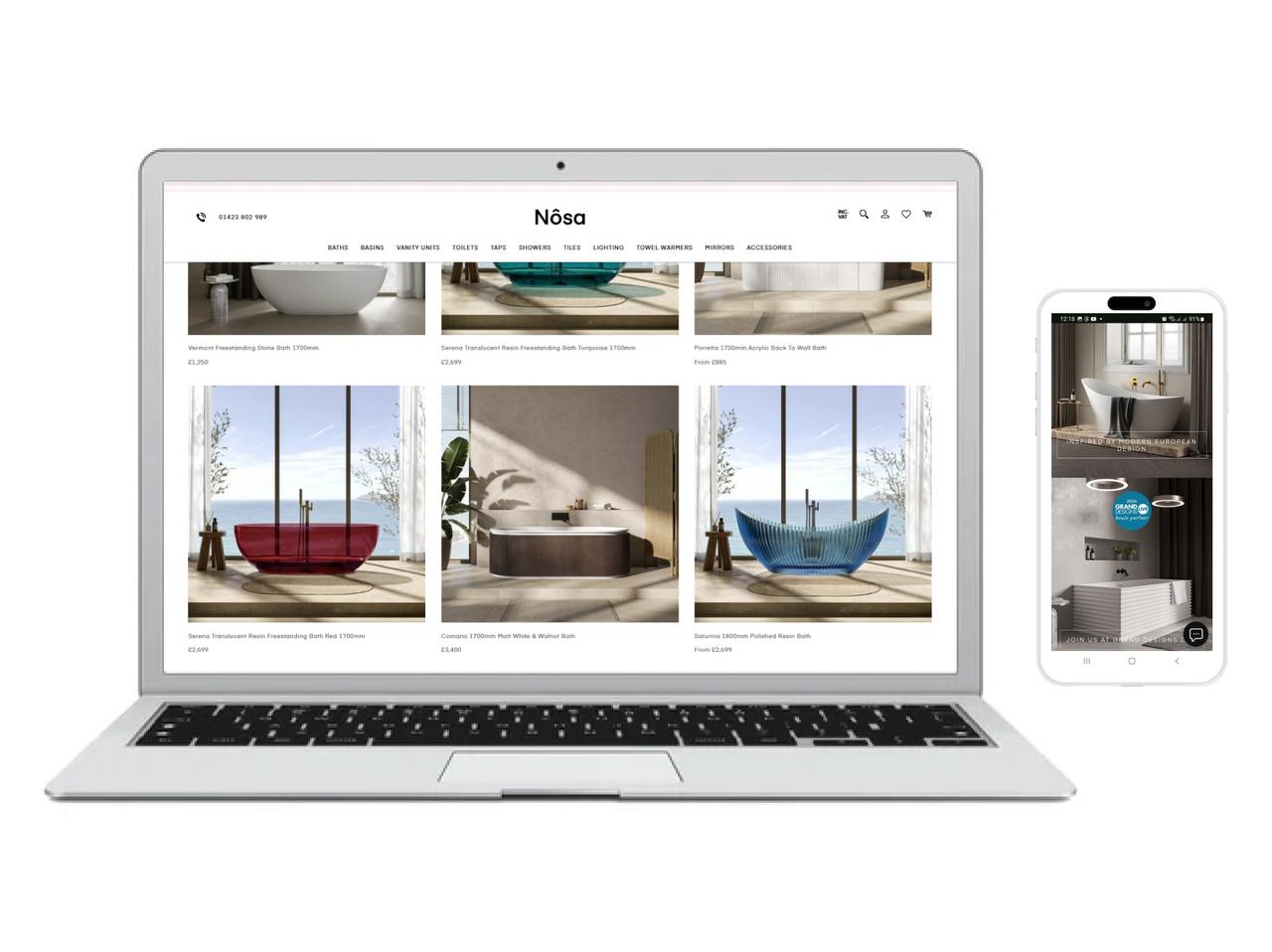 Mockup view showing the Nosa e-commerce website on a laptop and mobile phone, featuring various product and lifestyle 3D bathroom renderings.