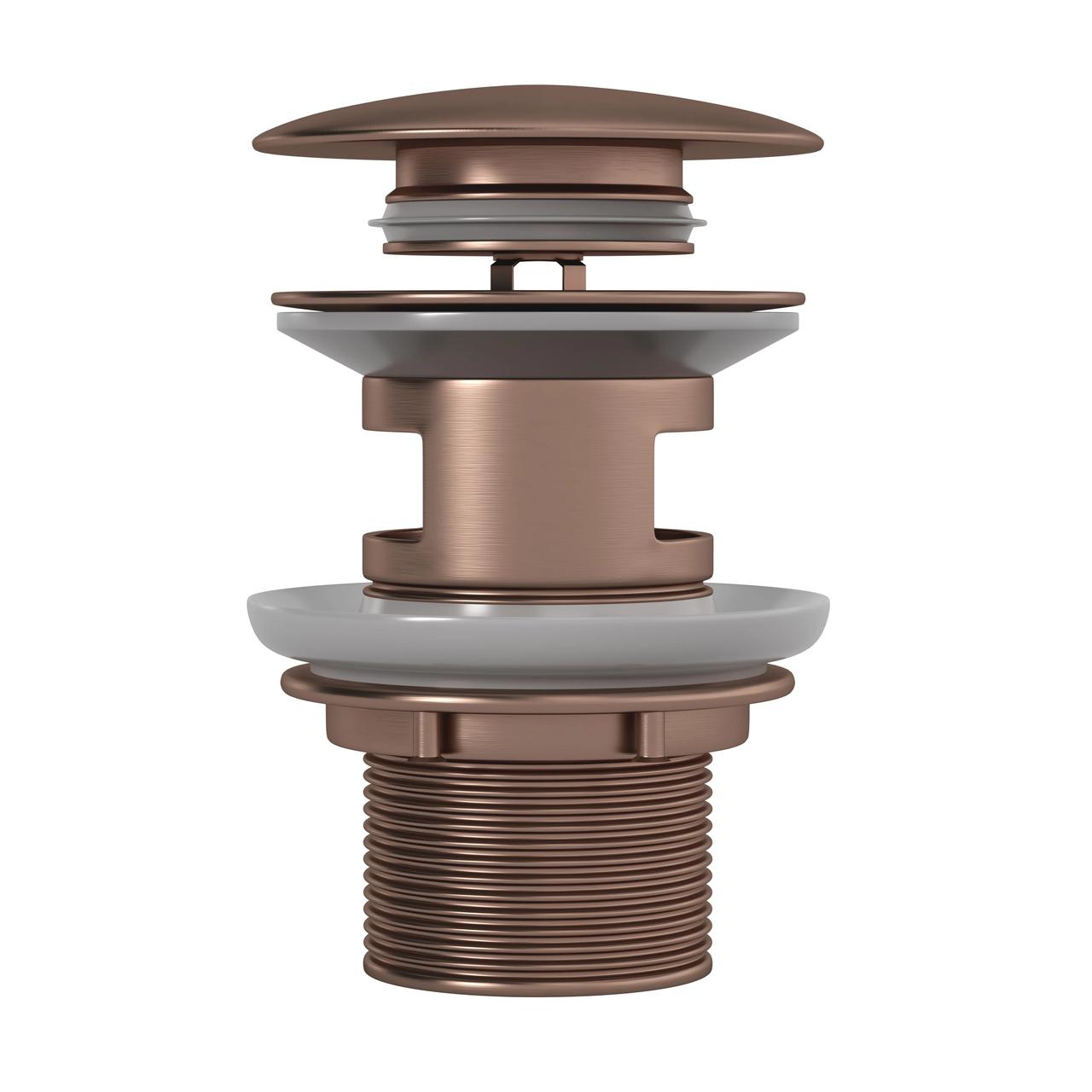 Front view studio render of a bronze pop-up sink drain assembly with seals