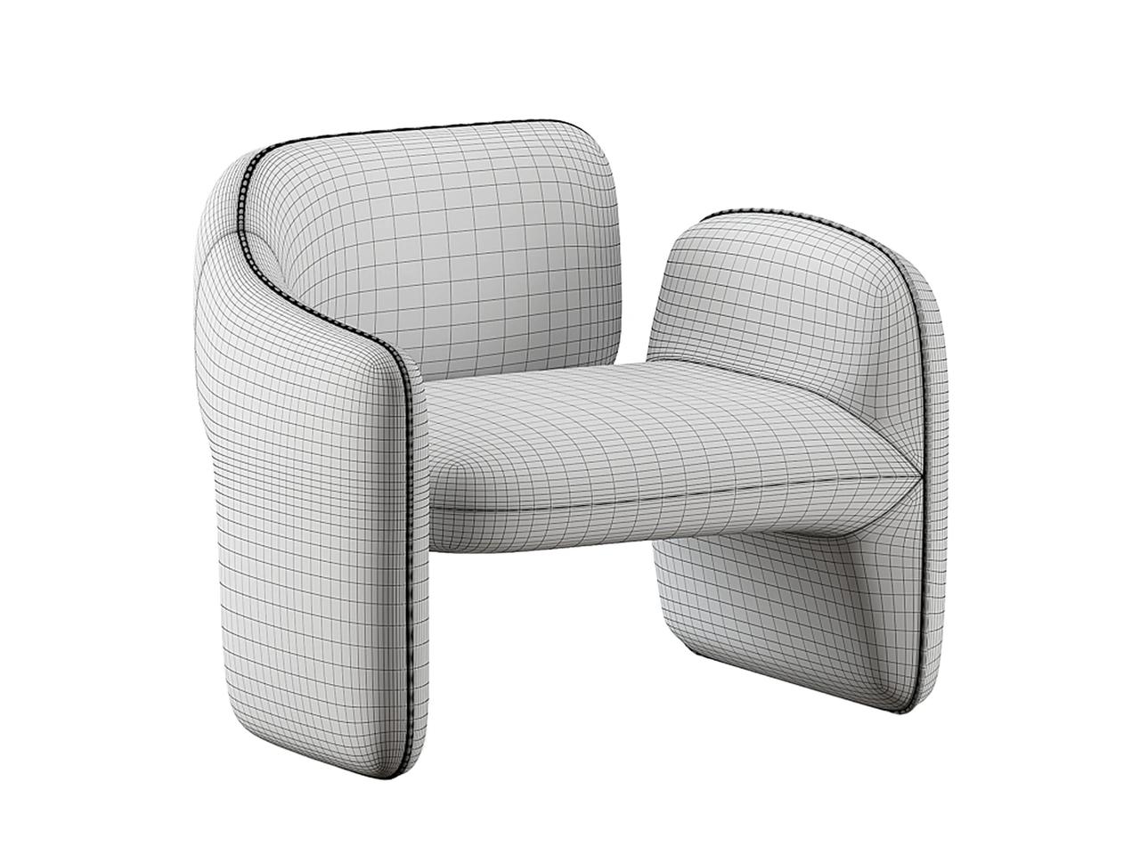 3D furniture modeling wireframe topology of a modern upholstered armchair showing quad mesh distribution for manufacturing and rendering.