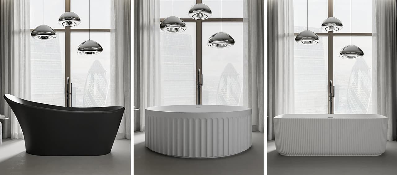 A triptych image displaying three luxury 3d bathtub designs in the same setting: a black asymmetrical tub on the left, a round white fluted tub in the center, and a rectangular white fluted tub on the right. Each panel features chrome droplet pendant lights and a floor-to-ceiling window in the background.