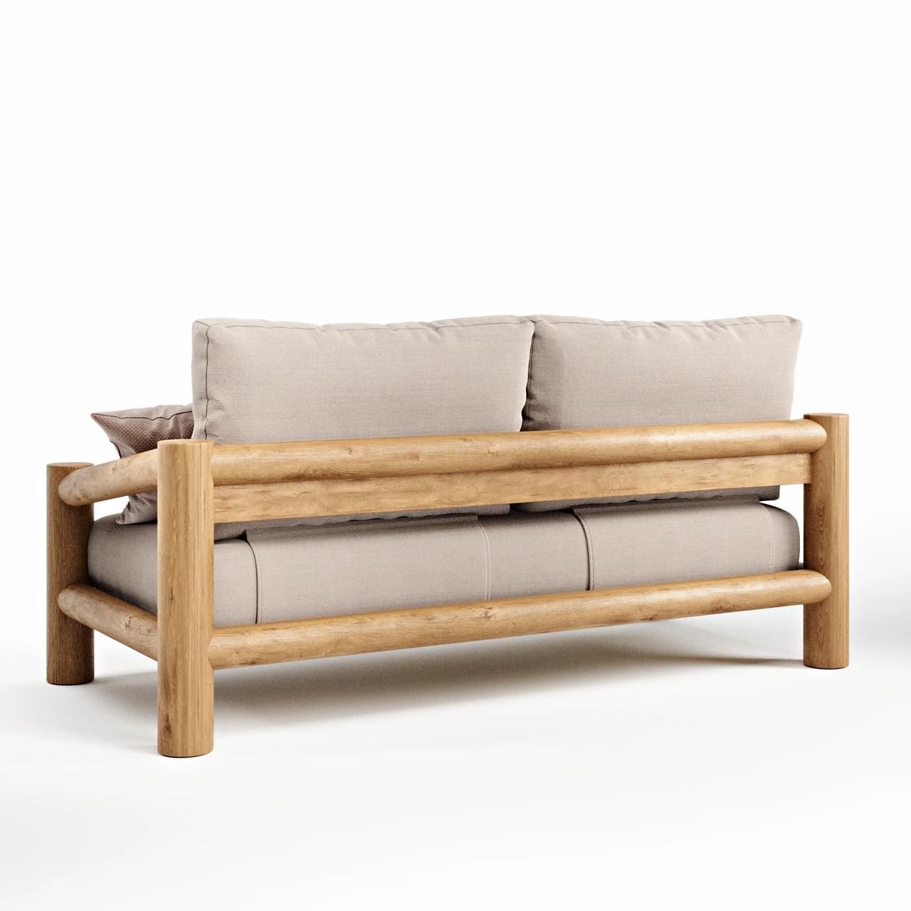 Back view studio render of a wooden frame sofa with soft fabric cushions