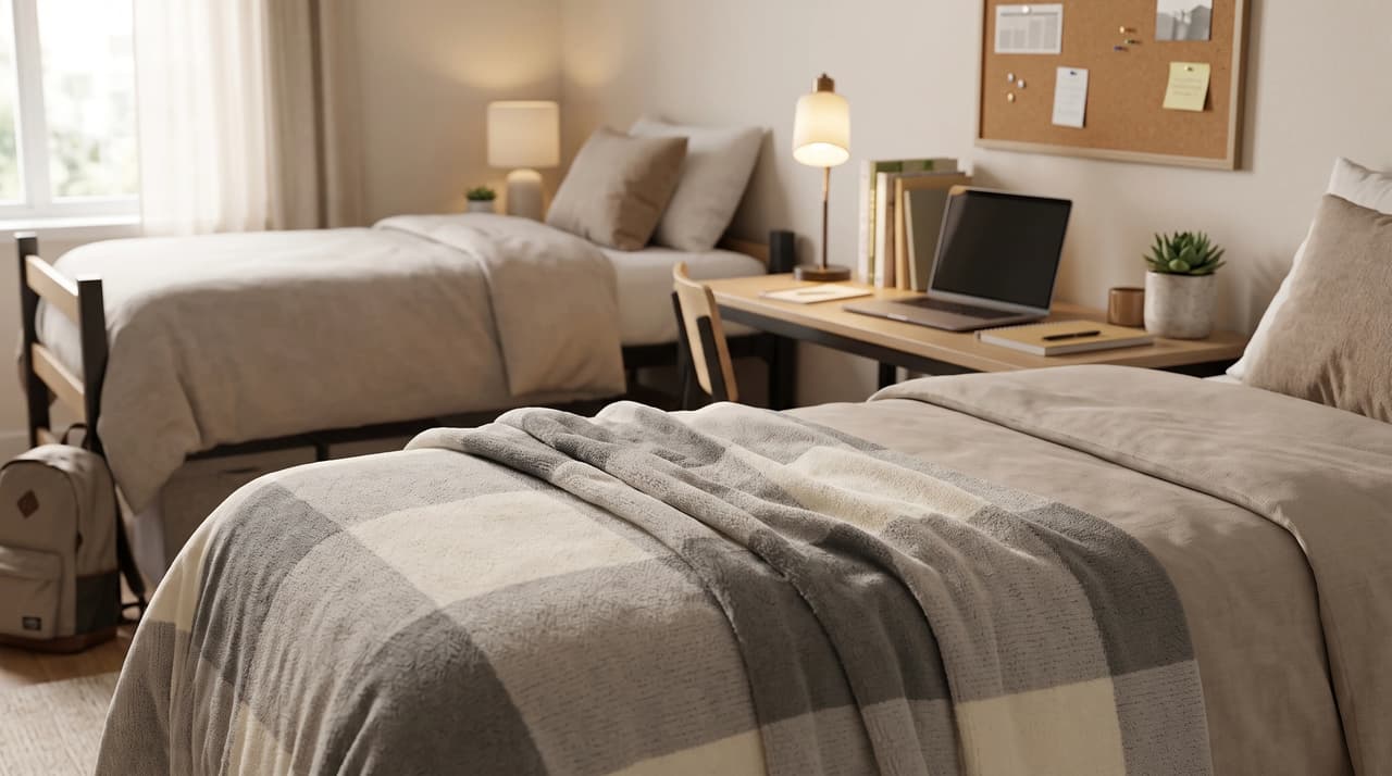Cozy shared bedroom setup featuring two twin beds with beige linens and a wooden study desk with an open laptop in between