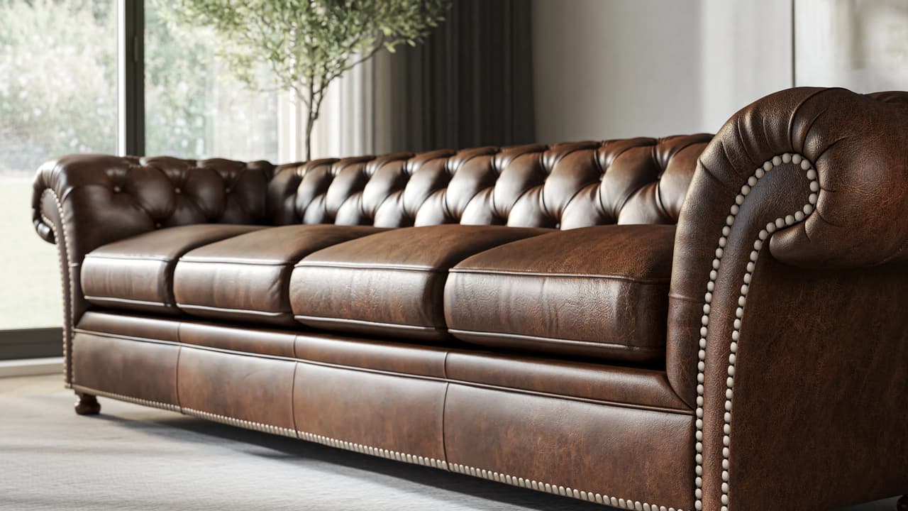 A close-up view of a classic brown Chesterfield sofa 3d model featuring deep button tufting and decorative nailhead trim on its rolled arms. The sofa sits in a bright room with a blurred window and a potted tree in the background.