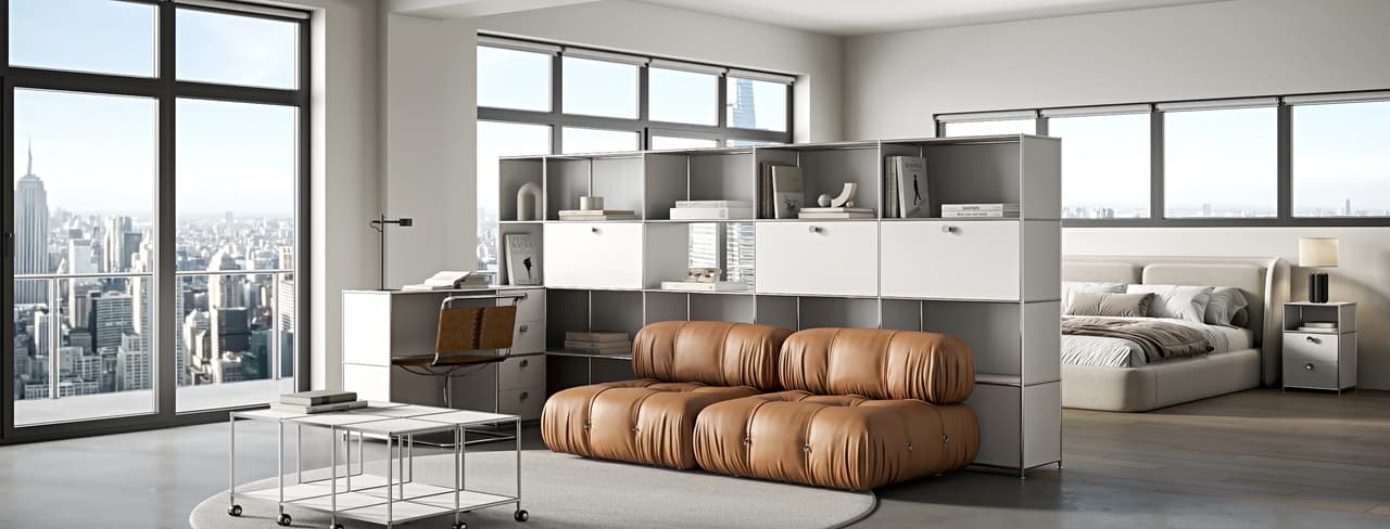 3D interior visualization of an open-plan apartment with large windows overlooking a skyline, featuring a white modular storage wall that seamlessly zones the room.