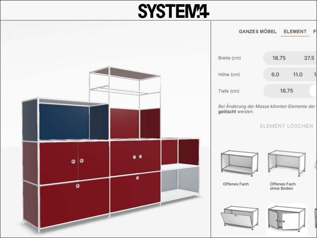 User interface of the System4 online configurator displaying a custom 3d cabinet model with modular panels.