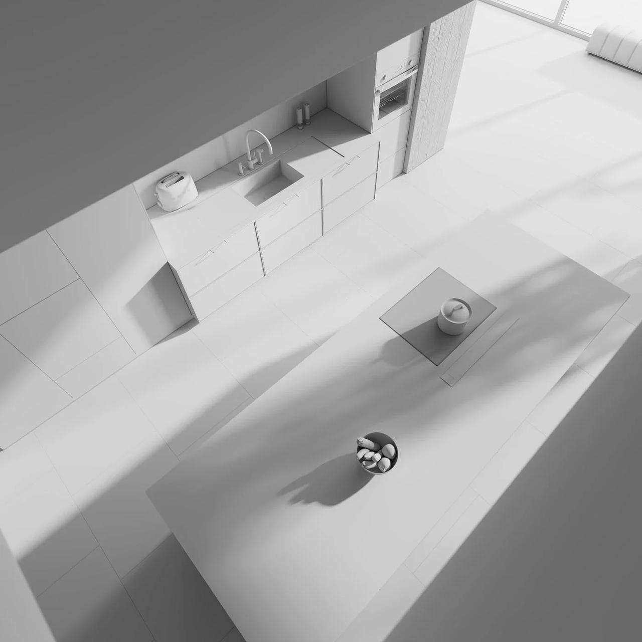 Top-down clay render showing 3d kitchen design layout, spatial geometry, and realistic natural shadow mapping