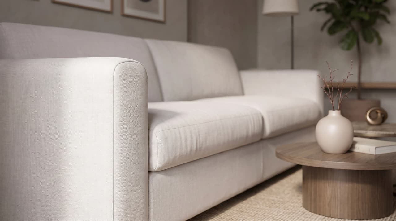 Close-up view of a modern light beige fabric sofa highlighting texture, alongside a round wooden coffee table with a ceramic vase