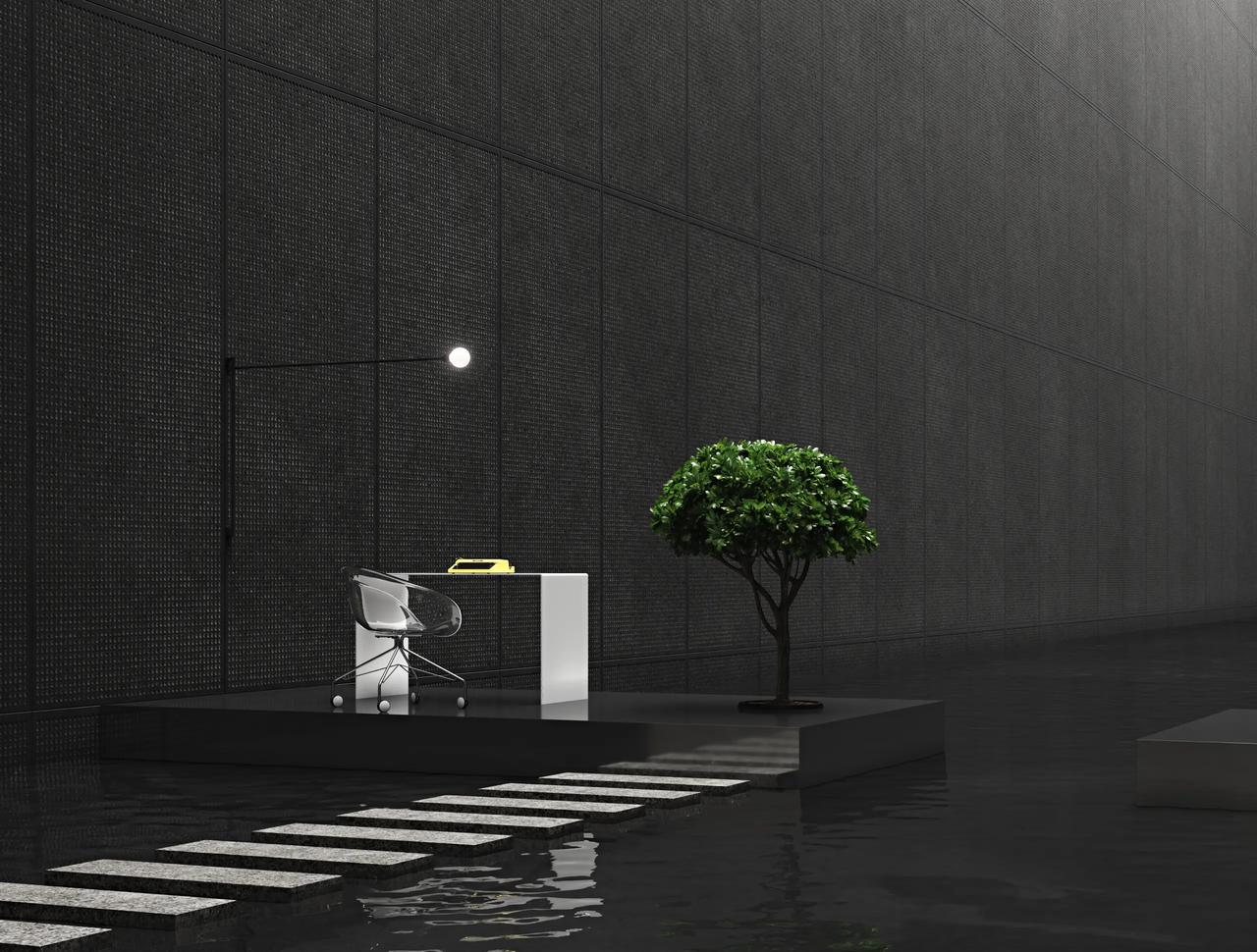 Surreal workspace platform surrounded by water with a white desk, transparent chair, small potted tree, and stepping stones against a tall dark textured wall