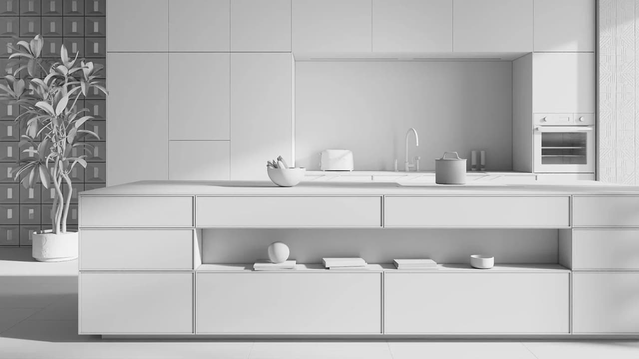 Untextured cgi kitchen model highlighting symmetrical island construction, shelving details, and indoor plant decor