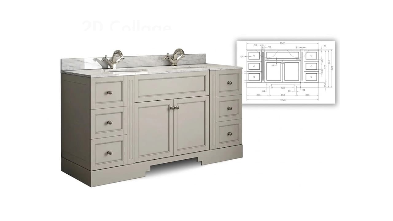 Detailed 3D furniture modeling of a grey double bathroom vanity, showing the transformation from a 2D technical drawing to a realistic digital twin.