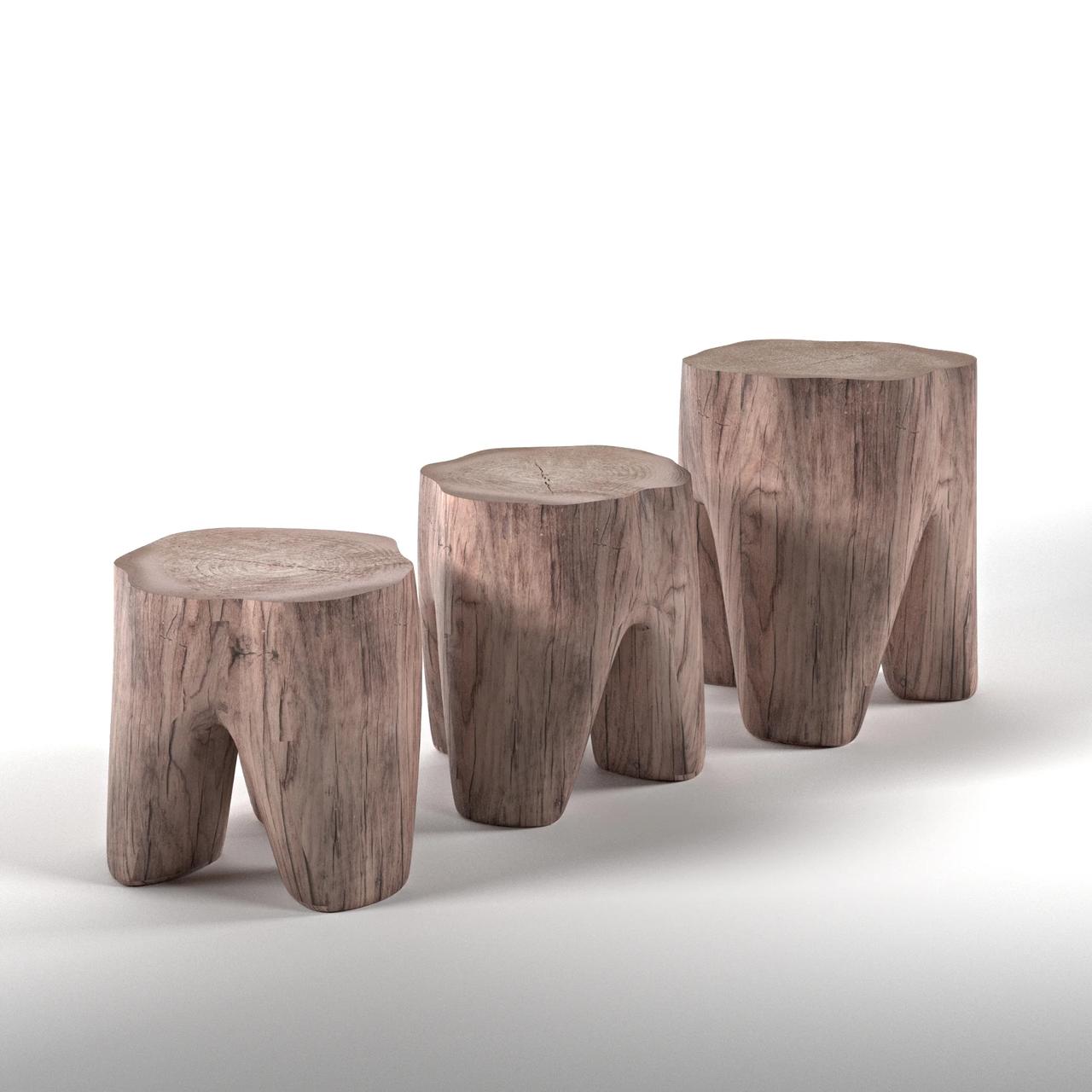 Three-quarter view studio render of three organic wooden stools crafted from natural wood blocks