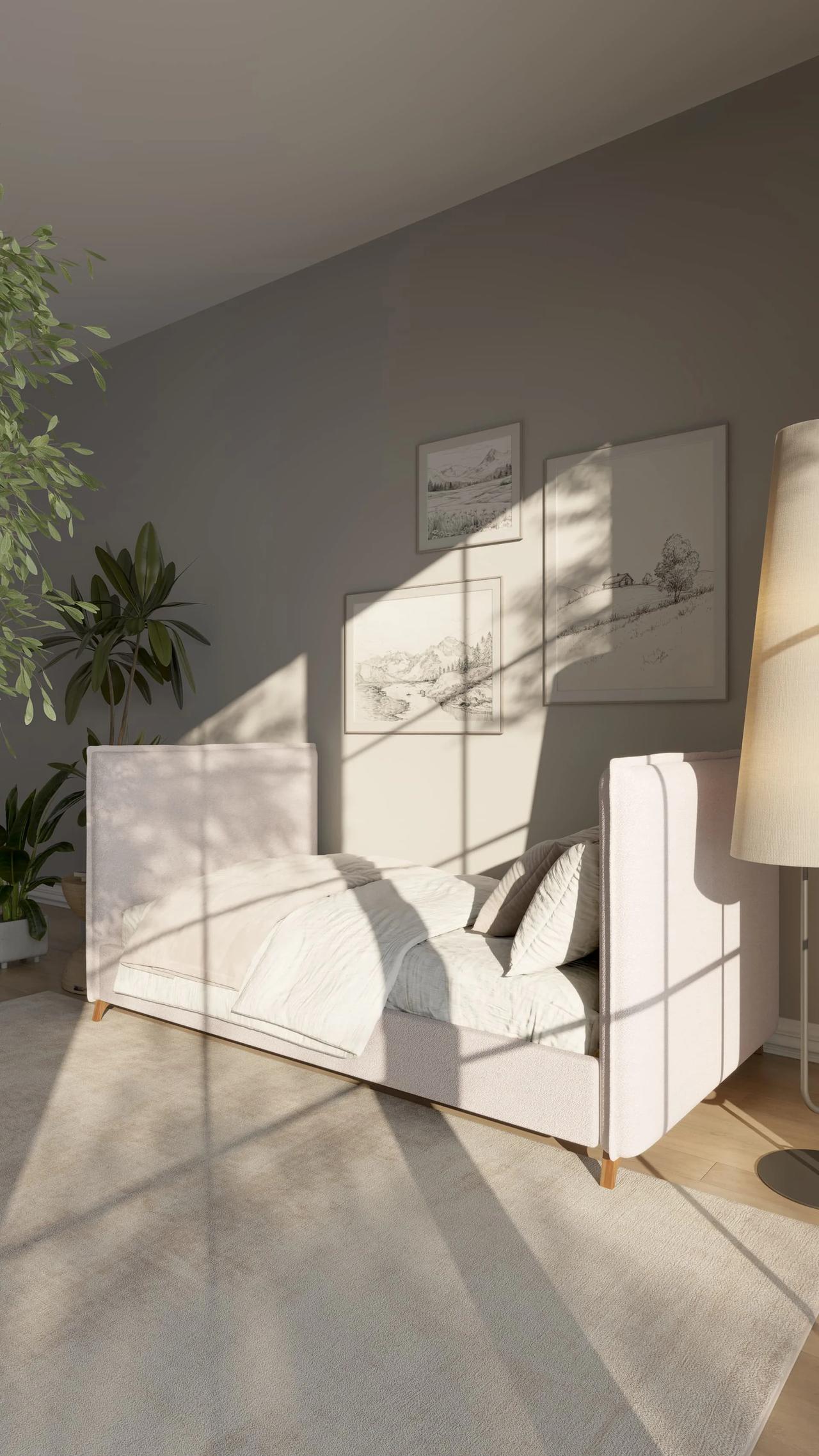 A cozy, sunlit minimalist room featuring a white upholstered daybed, framed wall art, and a floor lamp, showcasing photorealistic 3d interior rendering.