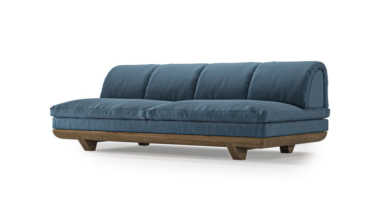 Studio render of the blue 3d sofa model with a wooden base, showcased on a clean white background.