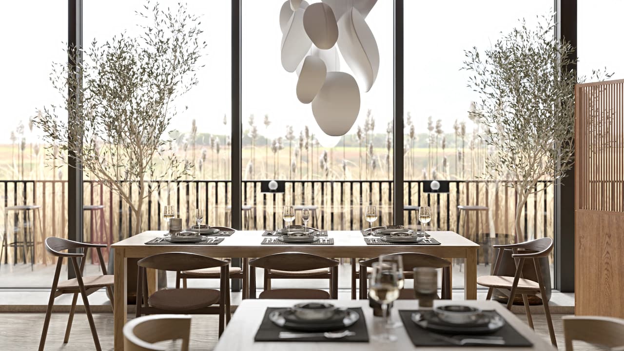 A bright, sunlit restaurant interior with panoramic windows and indoor olive trees, featuring an elegant wooden 3d table design that showcases top-tier furniture rendering.