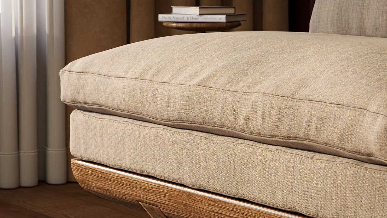 Detailed 3D sofa model close-up revealing the intricate weave of the beige upholstery and the curved wooden frame.