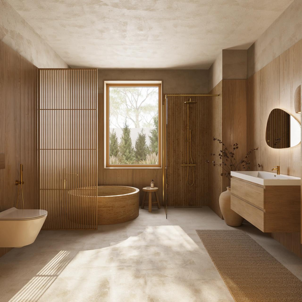 Wide view of a Japandi-style wooden bathroom interior with a round freestanding bathtub by the window, slatted partition screen, floating vanity, and gold fixtures