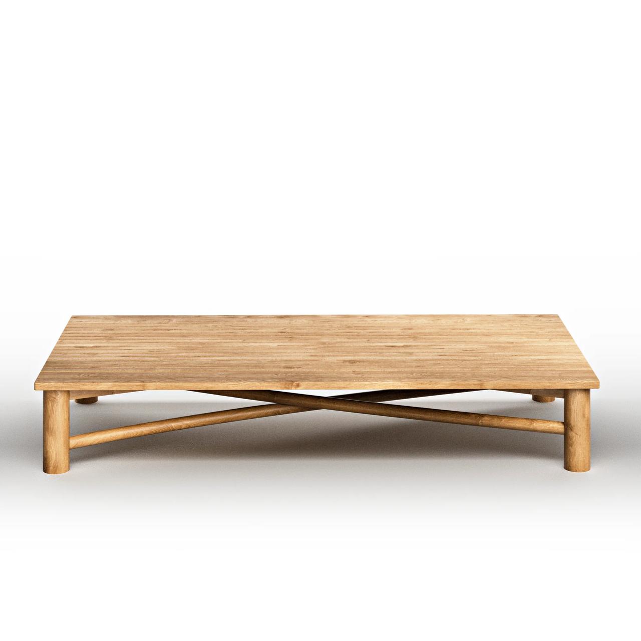 Front view studio render of a low wooden coffee table with crossed legs base