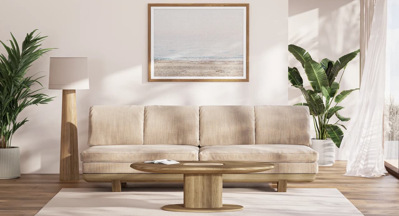 Bright living room interior 3D visualization featuring a beige fabric sofa, a wooden floor lamp, framed abstract art, and natural sunlight.