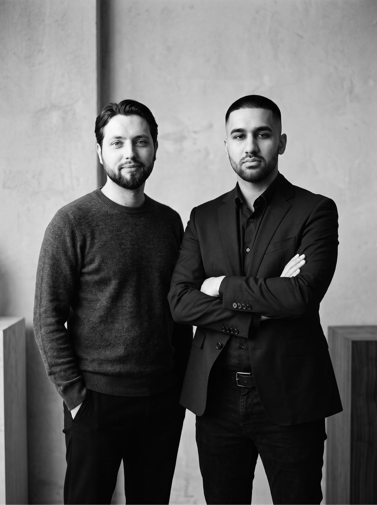 Black and white portrait of the Utopia 360 Studio founders standing together in a modern interior setting