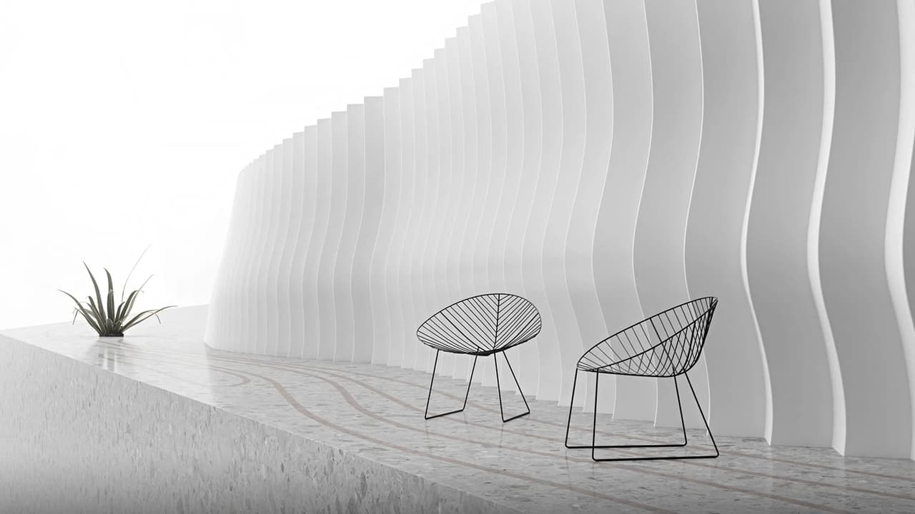 Artistic digital visualization featuring black metal wireframe chairs placed along a minimalist curved parametric wall.