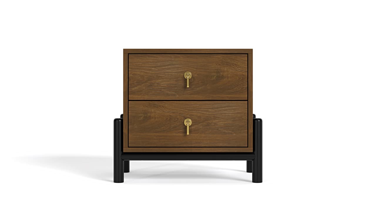 Front view studio render of a wooden nightstand with brass handles and a black metal frame