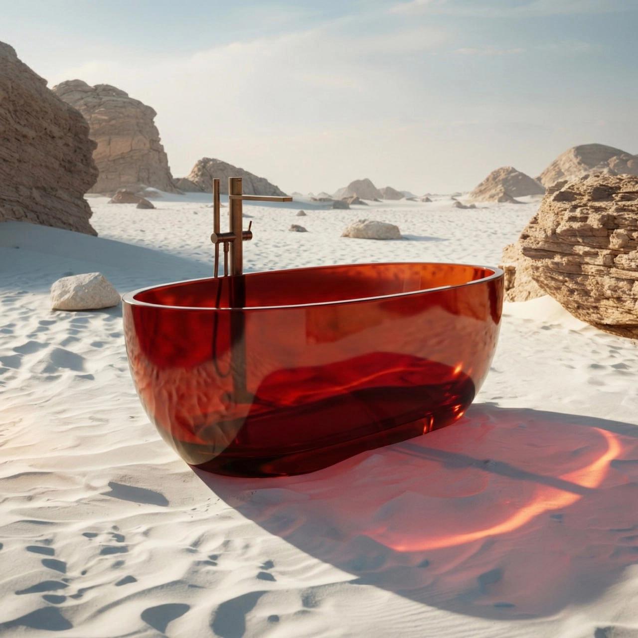 Surreal AI product visualization of a red transparent glass bathtub with a floor-mounted faucet in a desert setting.