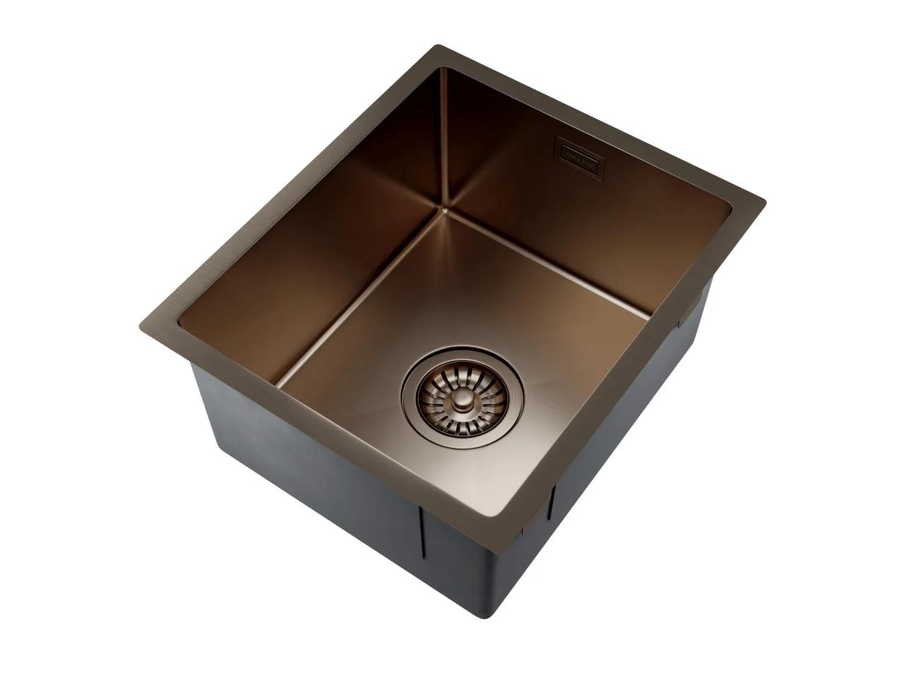3D model of a single bowl rectangular kitchen sink in dark metallic bronze, isolated on a white background