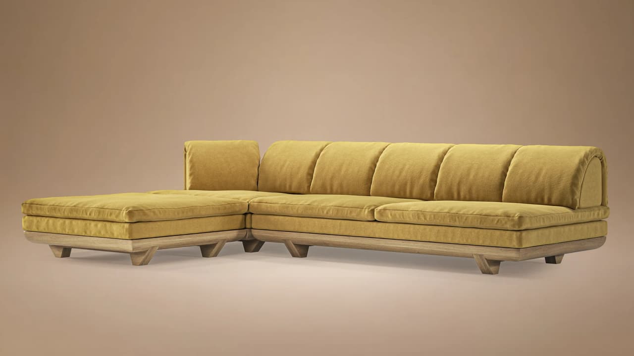 Photorealistic visualization of a large modular 3d sofa design with mustard yellow fabric and an open chaise section.