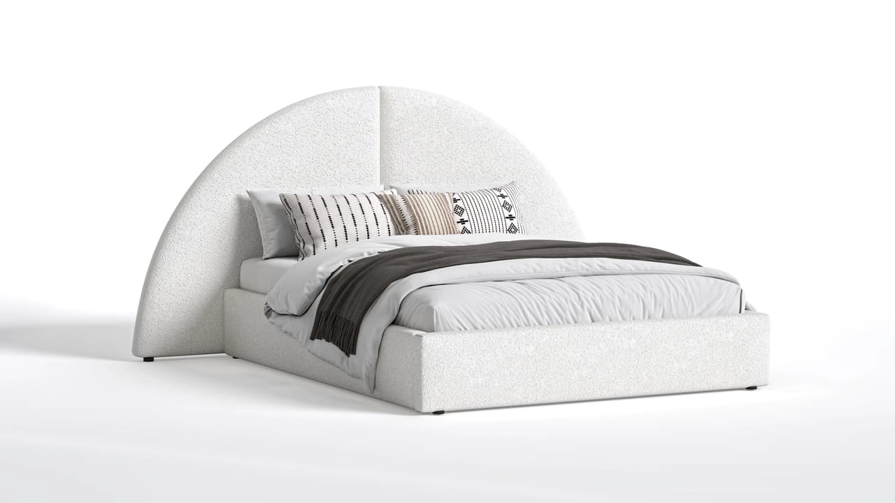Three-quarter view studio render of a modern upholstered bed with arch headboard and bouclé fabric