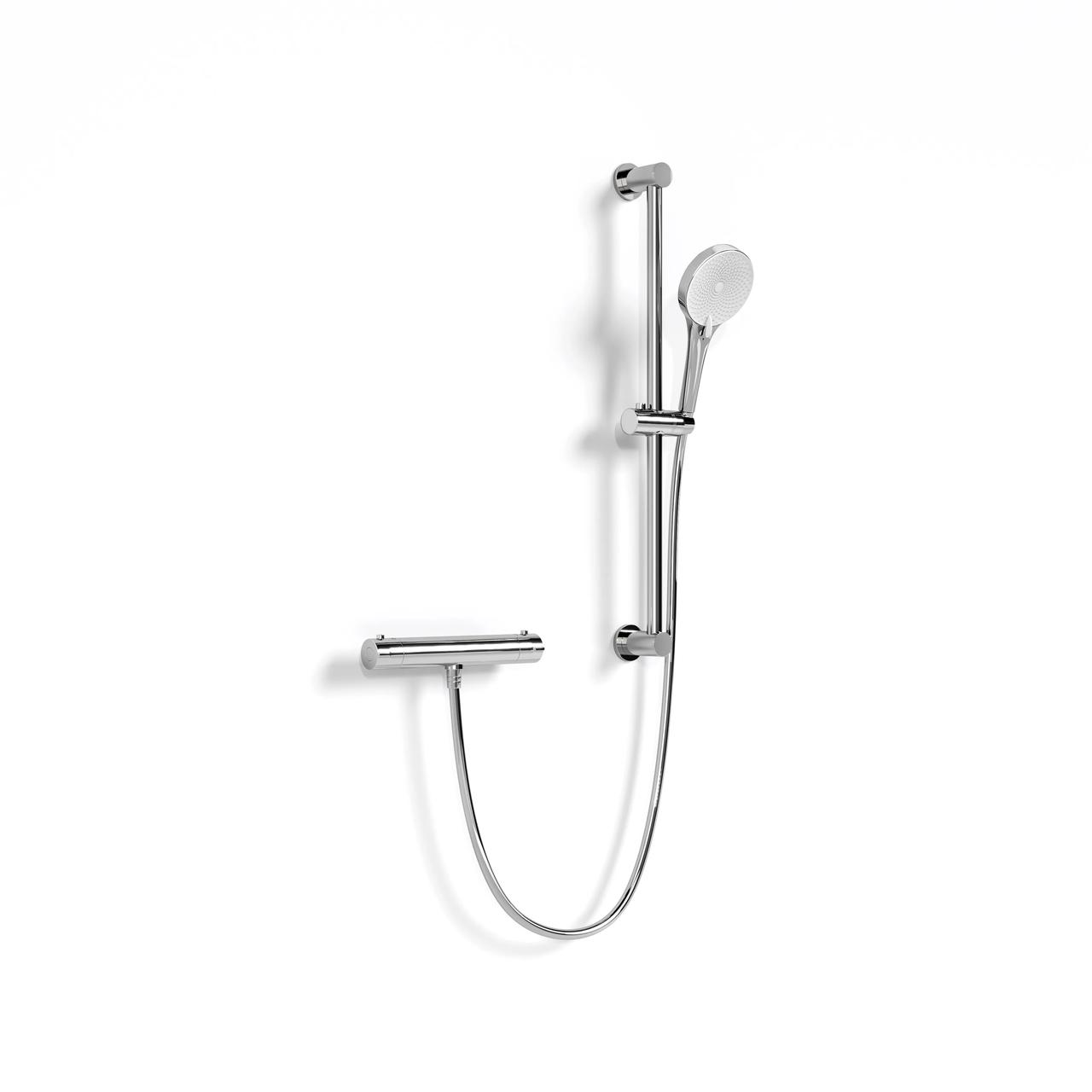 Studio isolated 3D render of a modern chrome shower rail kit with an adjustable hand shower head, flexible hose, and thermostatic mixer valve