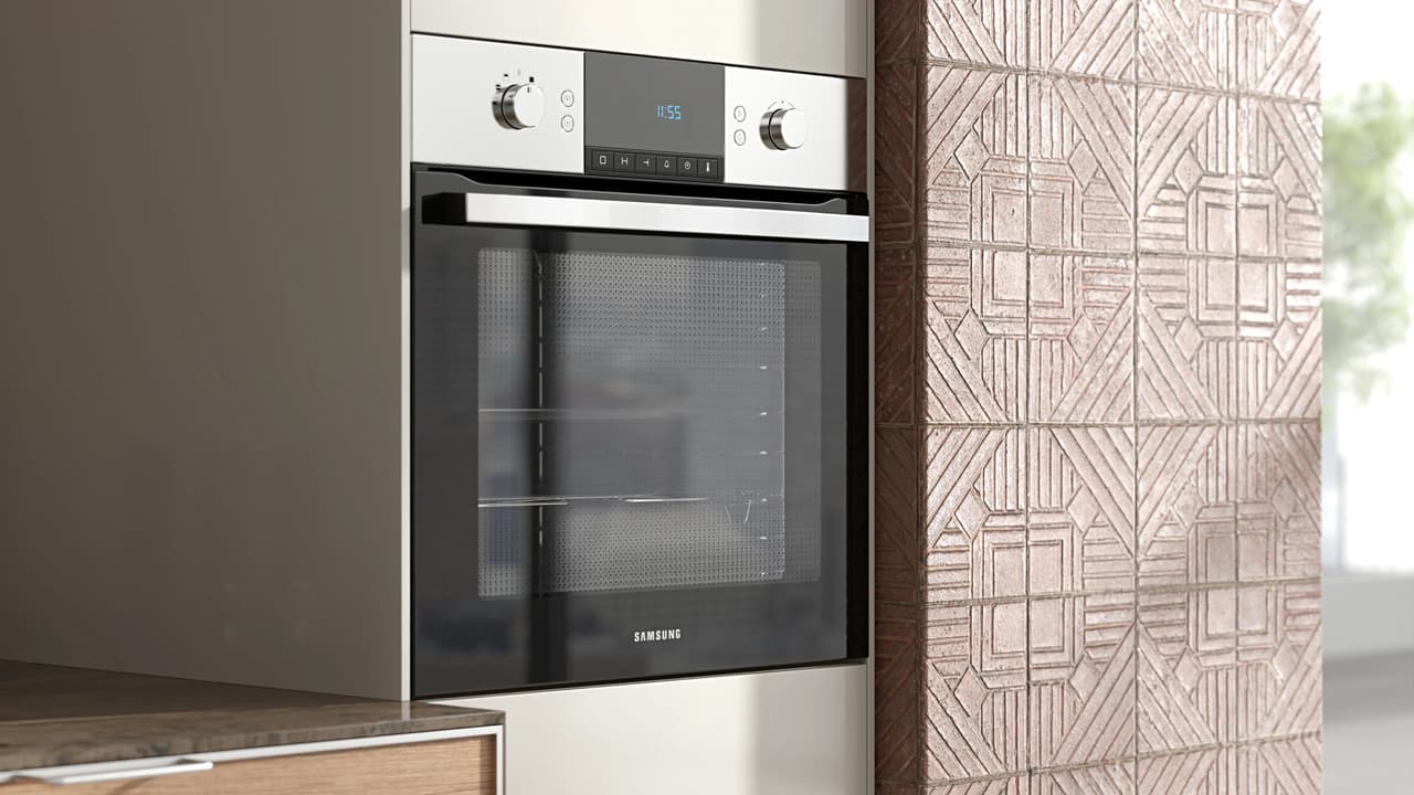 A close-up view of a modern black and stainless steel built-in oven installed in a white cabinet next to a geometric tiled wall, showcasing highly detailed 3d appliance rendering.