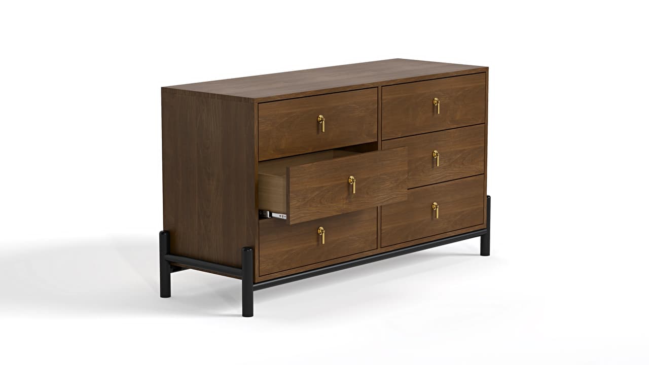 Three-quarter view white background render of a wooden dresser with open drawer, brass handles, and black metal legs