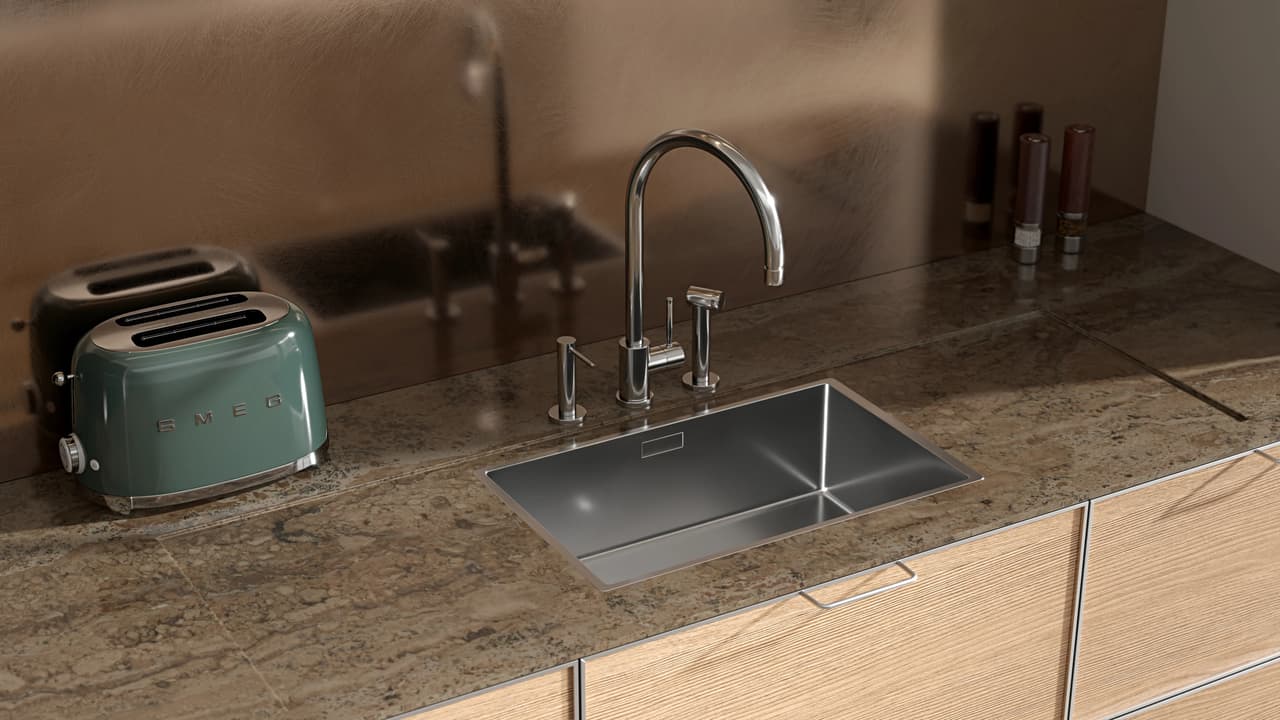 A detailed close-up of a modern kitchen featuring a stainless steel undermount sink and a green retro toaster on a textured stone countertop, showcasing photorealistic 3d rendering.