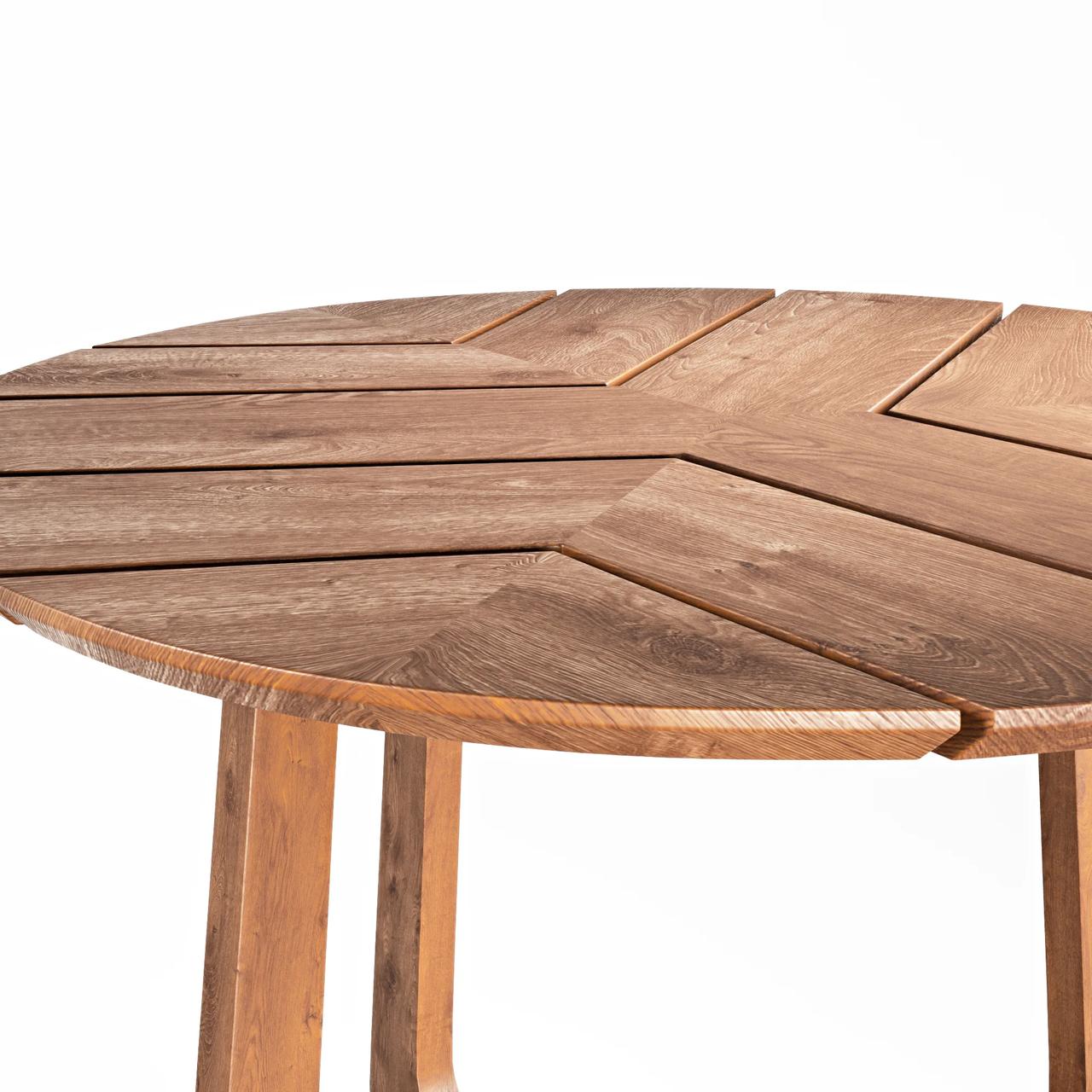 Close-up white background render highlighting the slatted wood pattern of a round dining table