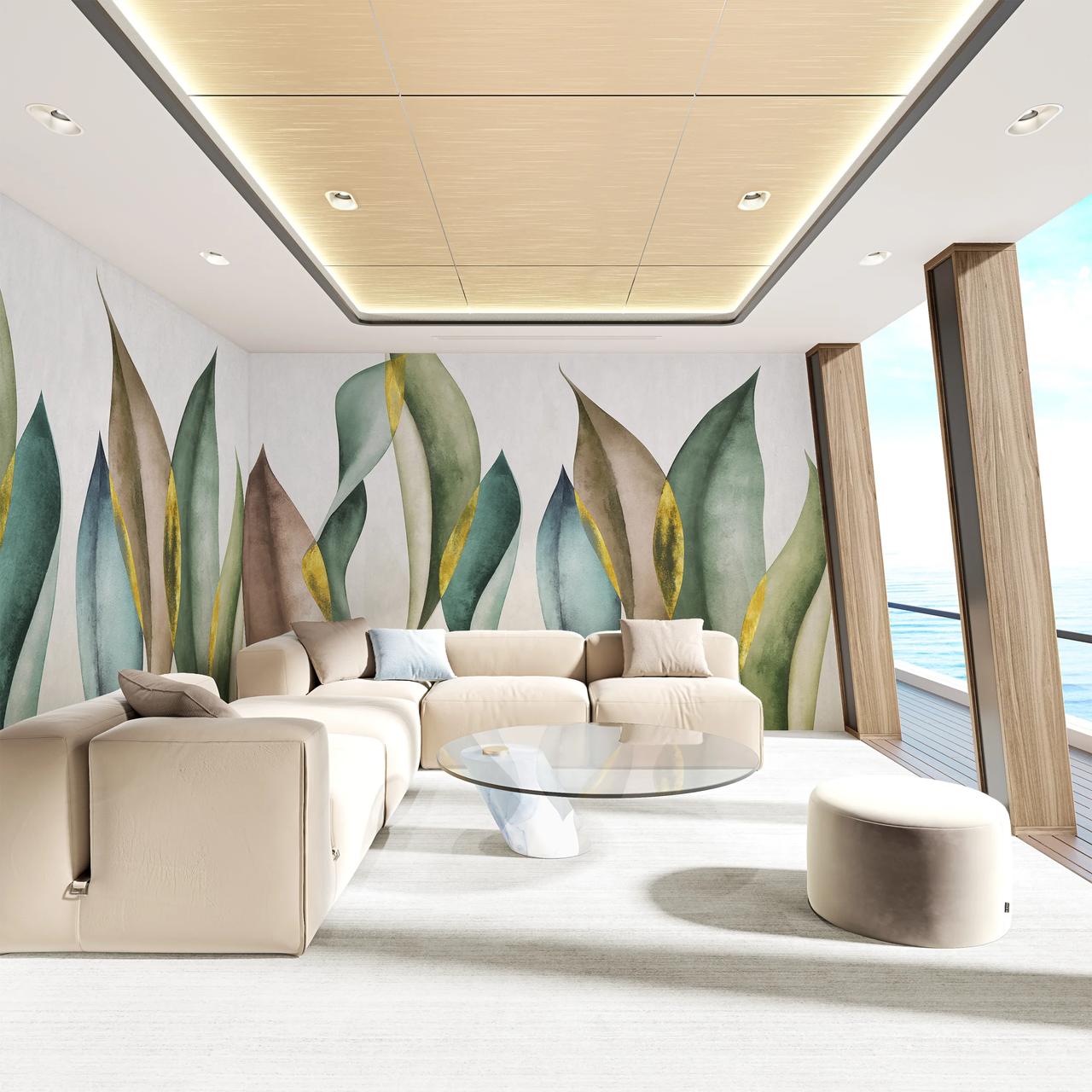 A sunlit modern cgi lounge area features a large abstract leaf mural in green and gold tones behind a low-profile beige modular sofa. A clear round glass coffee table sits in the center, while angled wooden pillars line large windows on the right.