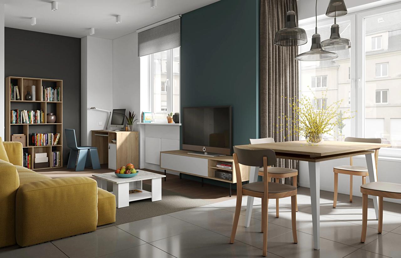 A detailed view of a multi-zoned cgi studio apartment. In the foreground, a wooden dining table is surrounded by minimalist chairs under glass pendant lights, leading into a living area with a bright mustard yellow sofa, a dark blue accent wall with a TV, and a cozy home office setup in the background.