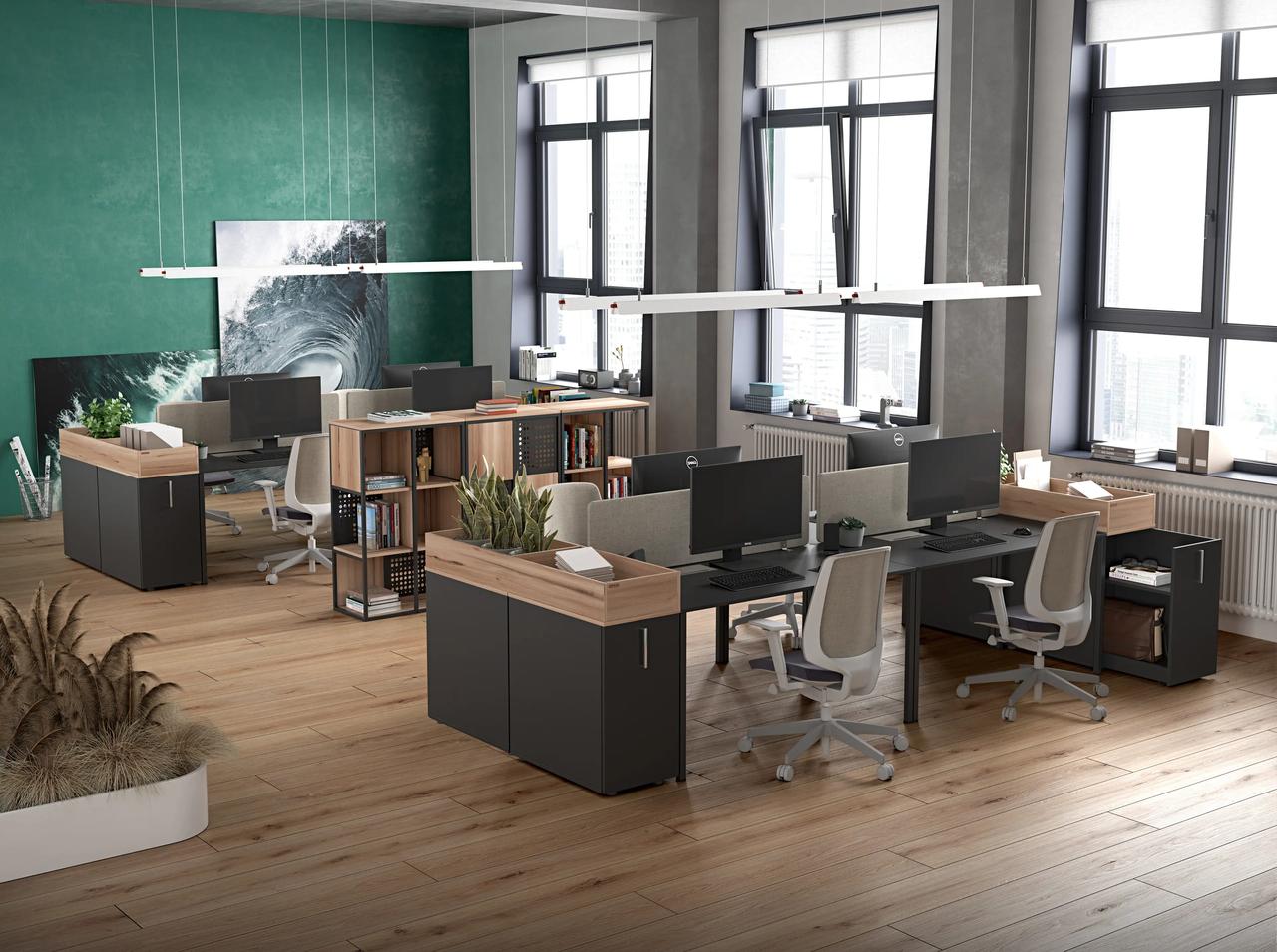 A spacious modern open-plan cgi office interior with wooden floors and large windows. Multiple grey and light wood workstations with computer monitors and white ergonomic chairs are illuminated by hanging linear lights.