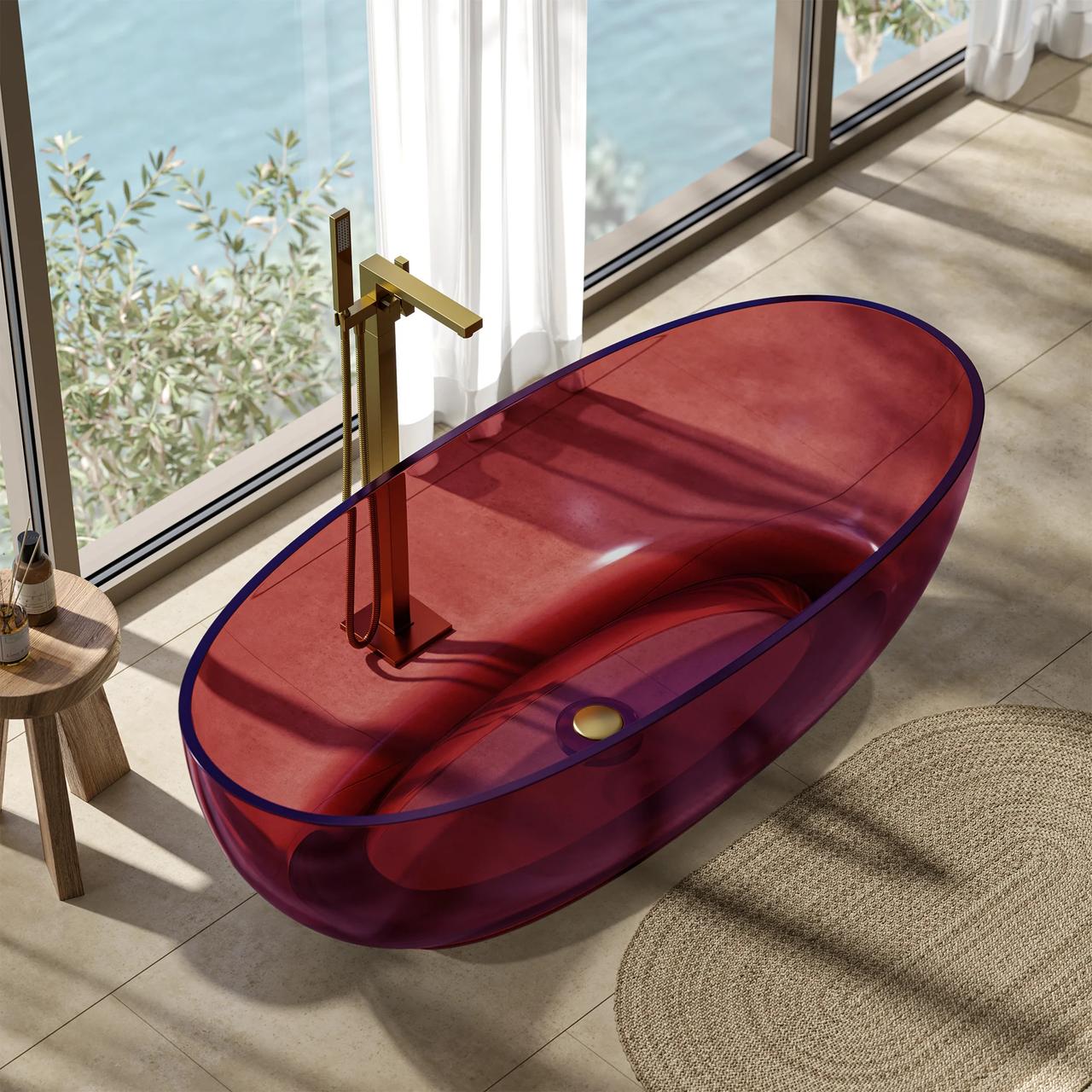 High-angle view of a striking red translucent freestanding bathtub with a gold floor-mounted faucet in a sunlit space, demonstrating high-end 3d bathroom rendering.