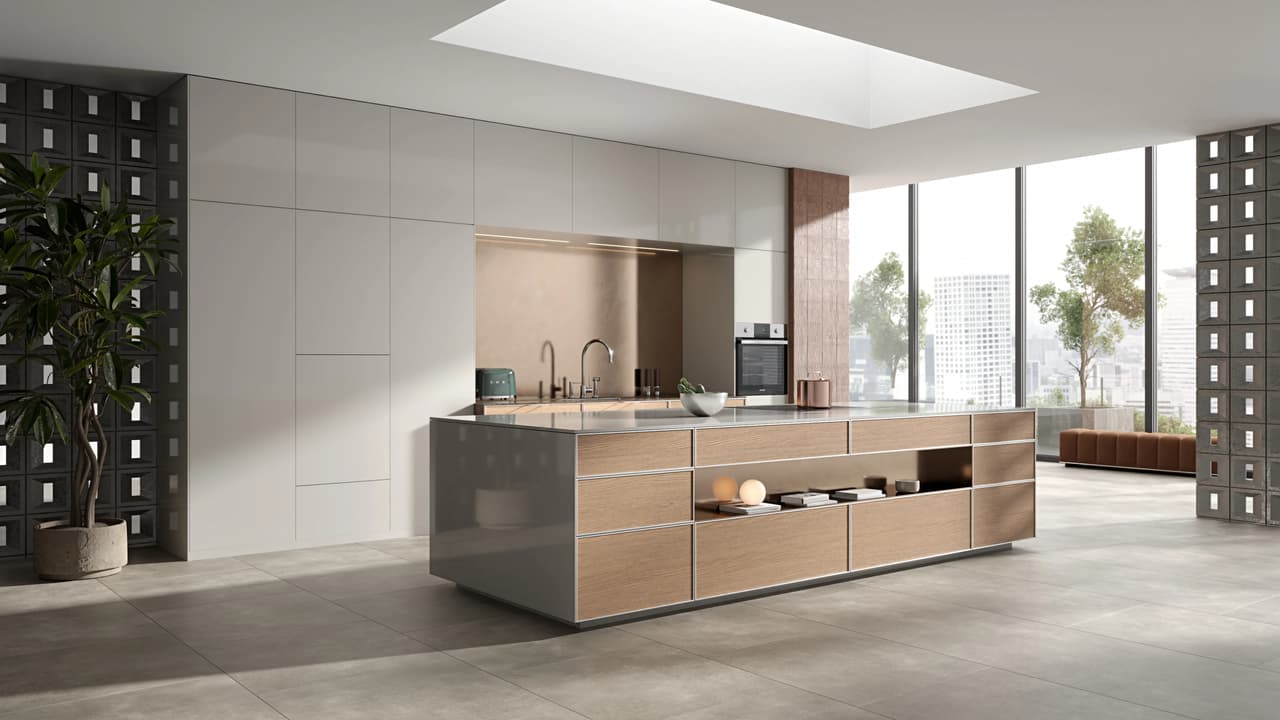 Photorealistic cgi kitchen design showing a spacious open-plan layout with a wooden central island, floor-to-ceiling windows, and natural skylighting