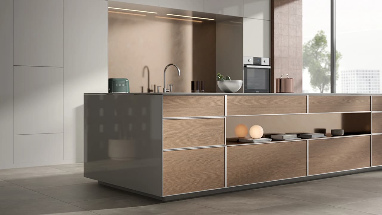 Frontal view of a contemporary kitchen island featuring wooden drawers, integrated shelf lighting, and glossy side panels