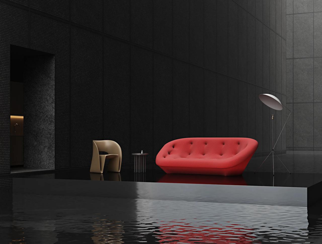 Artistic 3D visualization of a red tufted sofa and modern armchair in a dark minimalist architectural space.