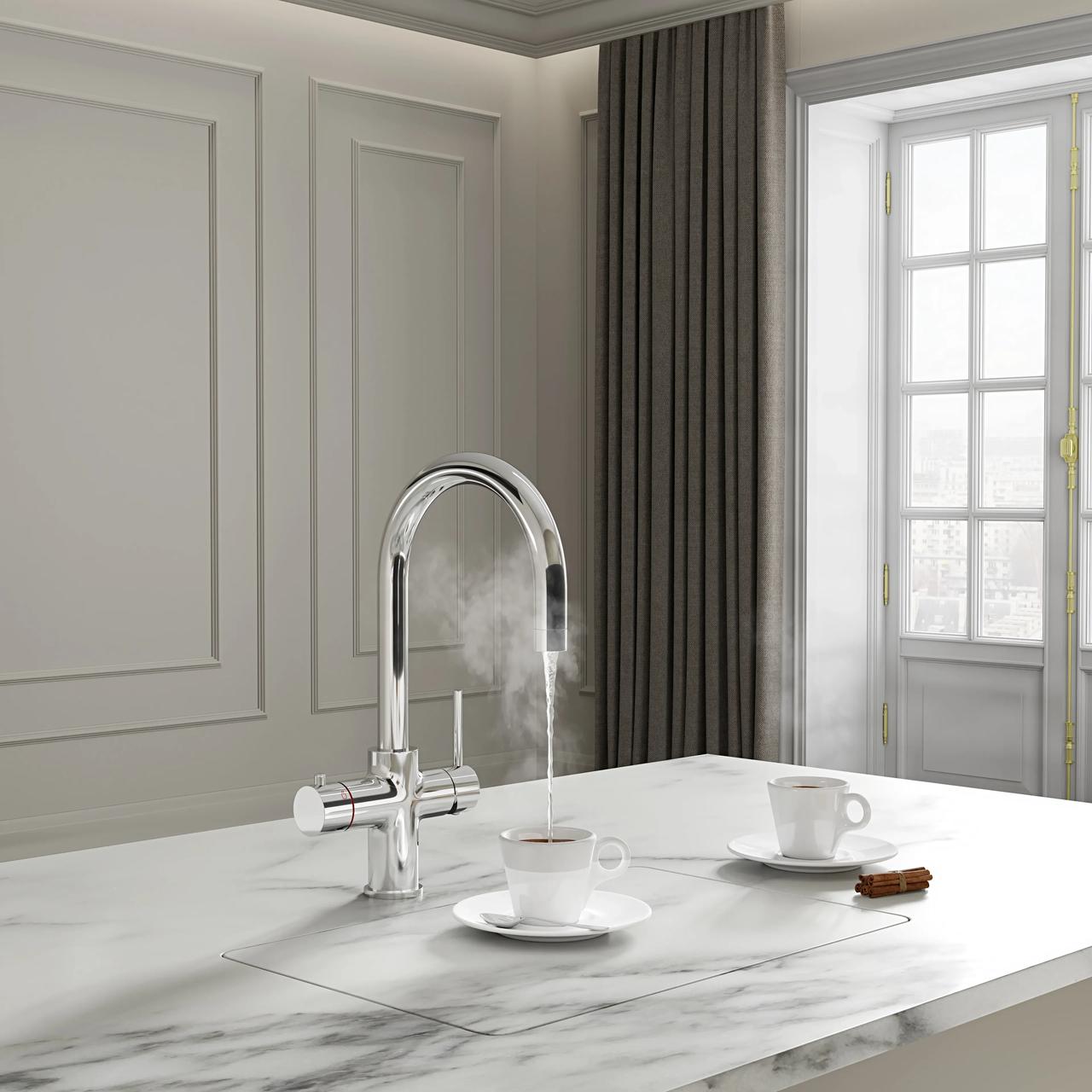 A shiny chrome boiling water tap pouring steaming hot water into a white ceramic cup on a marble kitchen island, showcasing photorealistic 3d product rendering.