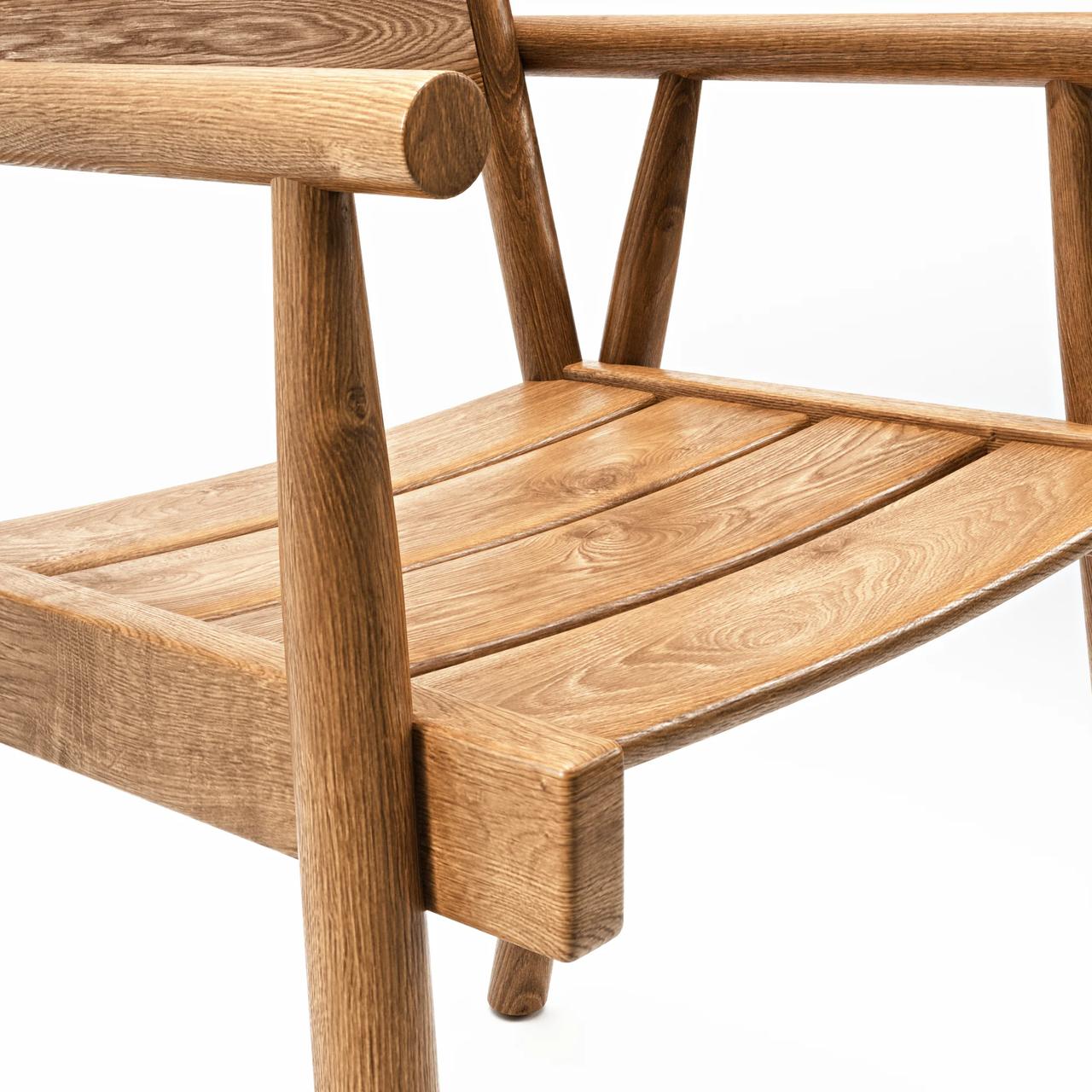 A detailed close-up shot of an unpadded wooden 3d outdoor chair frame on a white background. The image highlights the natural wood grain, rounded armrests, and precise slatted seat construction.