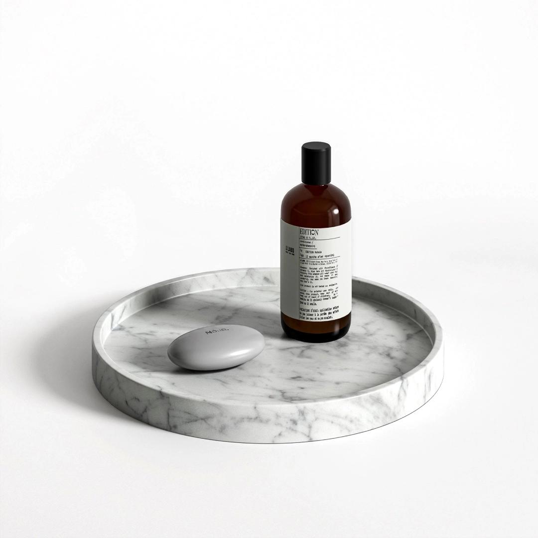 A minimalist studio shot of a round white 3d marble tray resting on a pure white surface. Inside the tray sits a dark amber glass bottle with a white label next to a smooth, grey pebble-shaped soap.