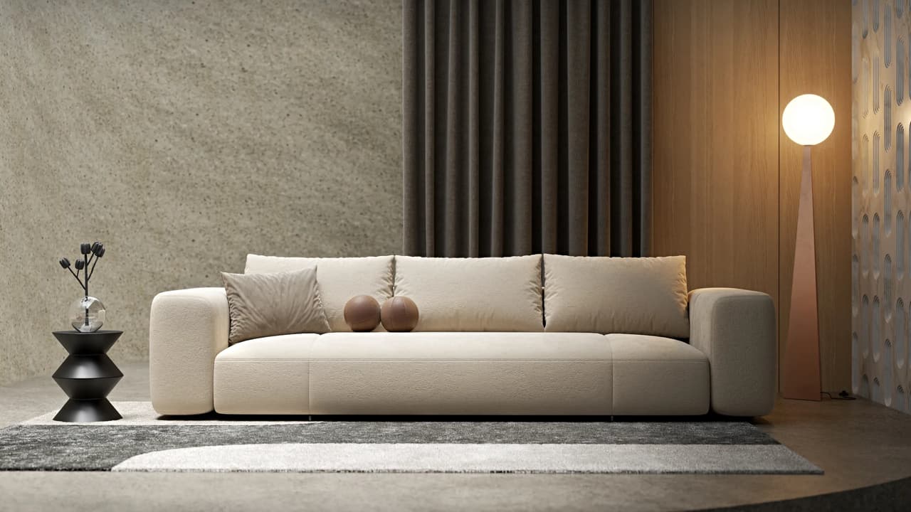 Photorealistic 3D furniture modeling of a modern beige upholstered sofa in a minimalist living room setting