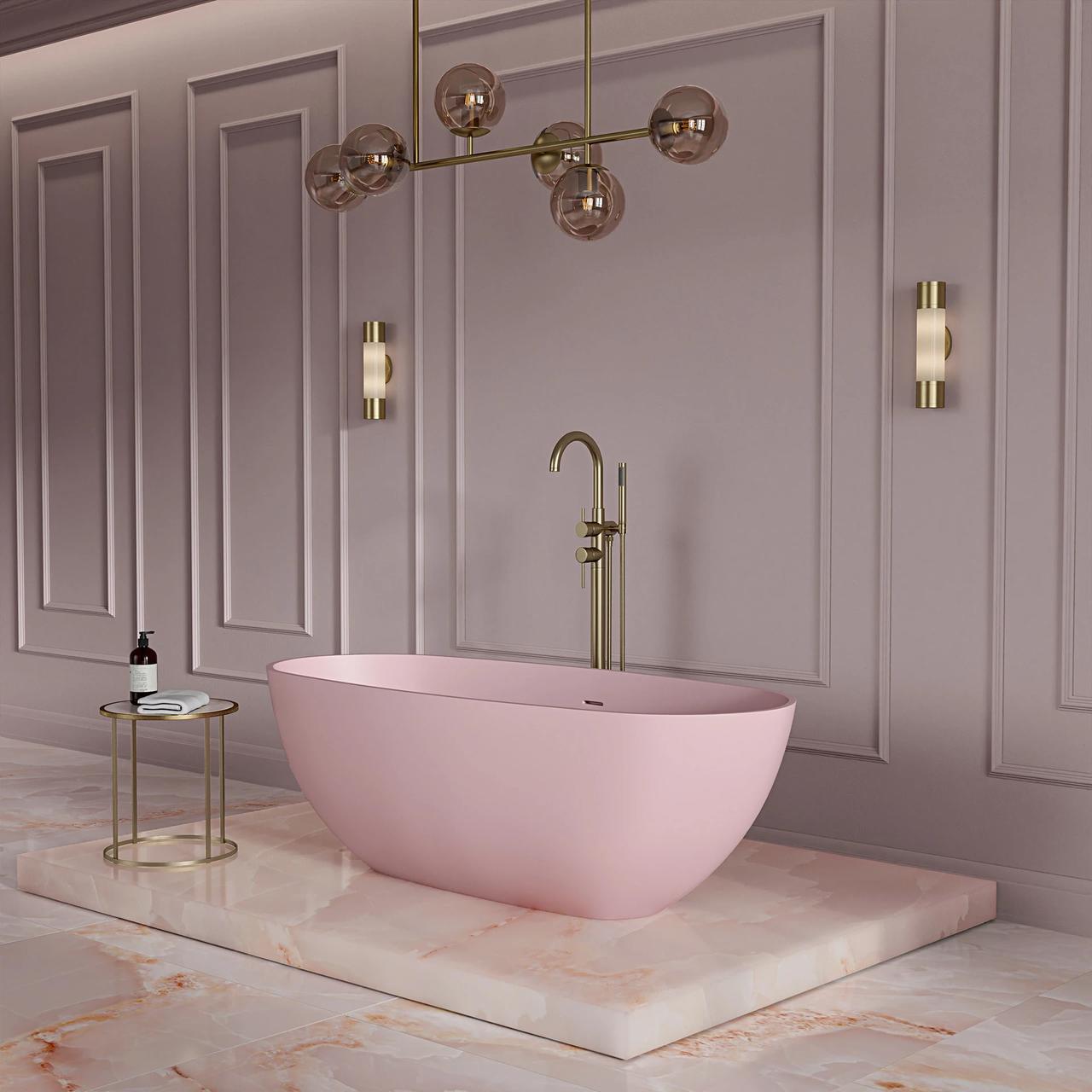 A glamorous pastel bathroom featuring a blush pink freestanding bathtub on a marble platform with brass fixtures, showcasing elegant 3d bathroom rendering.